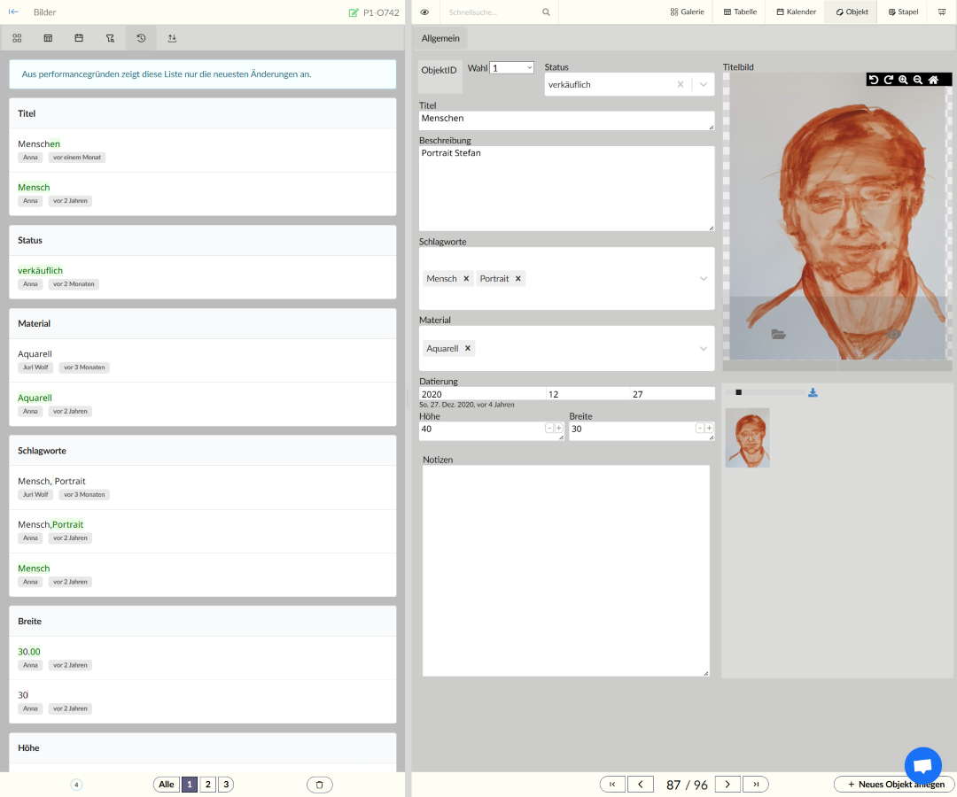 Bearbeitungsverlauf & Objektansicht