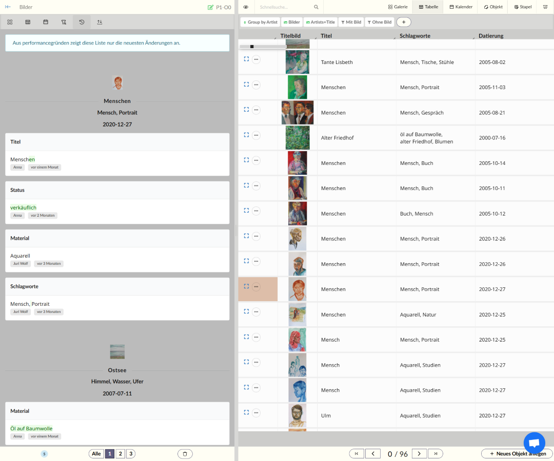 Bearbeitungsverlauf & Tabellen-Ansicht
